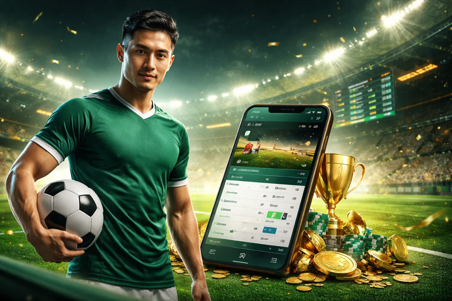 Sân vận động với ánh đèn rực rỡ và không khí cá cược thể thao sôi động tại King888 Slot